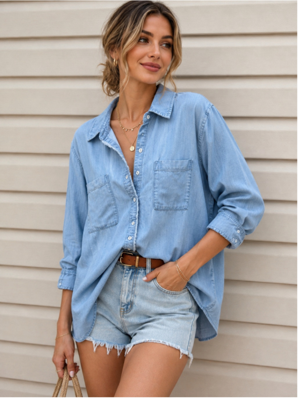 Cloth & Stone Anthropologie Chambray Shirt 1X Blue Tencel Button Down Plus Size